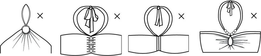 Image of not acceptable type of halters.  Neck tie can not be continuous tie that incorporates into the bodice.  must be